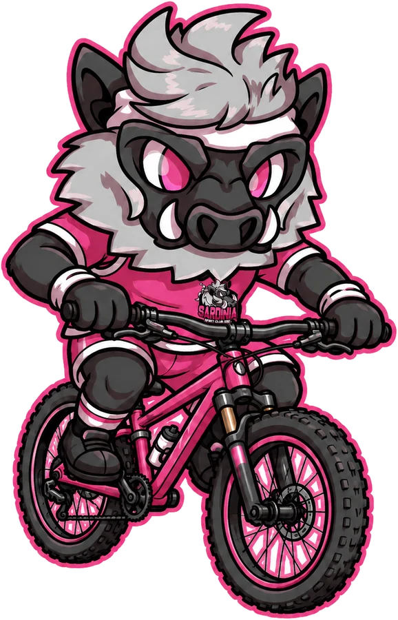 La mascotte in sella a una mountain bike