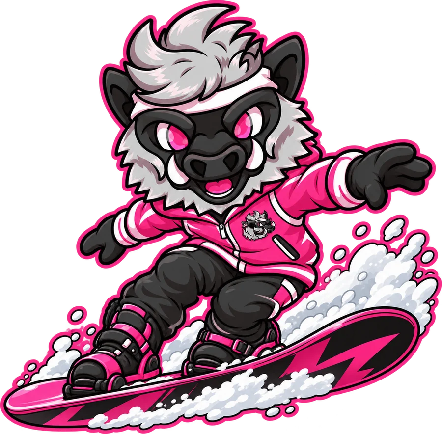 La mascotte scende sulla neve in snowboard